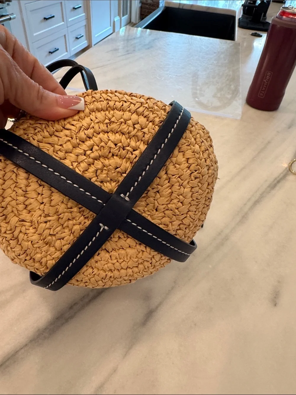 Tory Burch Navy Trim Straw Bucket Bag with Cream Card Case/Wallet